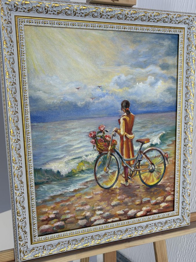 Жінка з велосипедом біля моря, 40×50 см — картина ручної роботи Олега Башлія